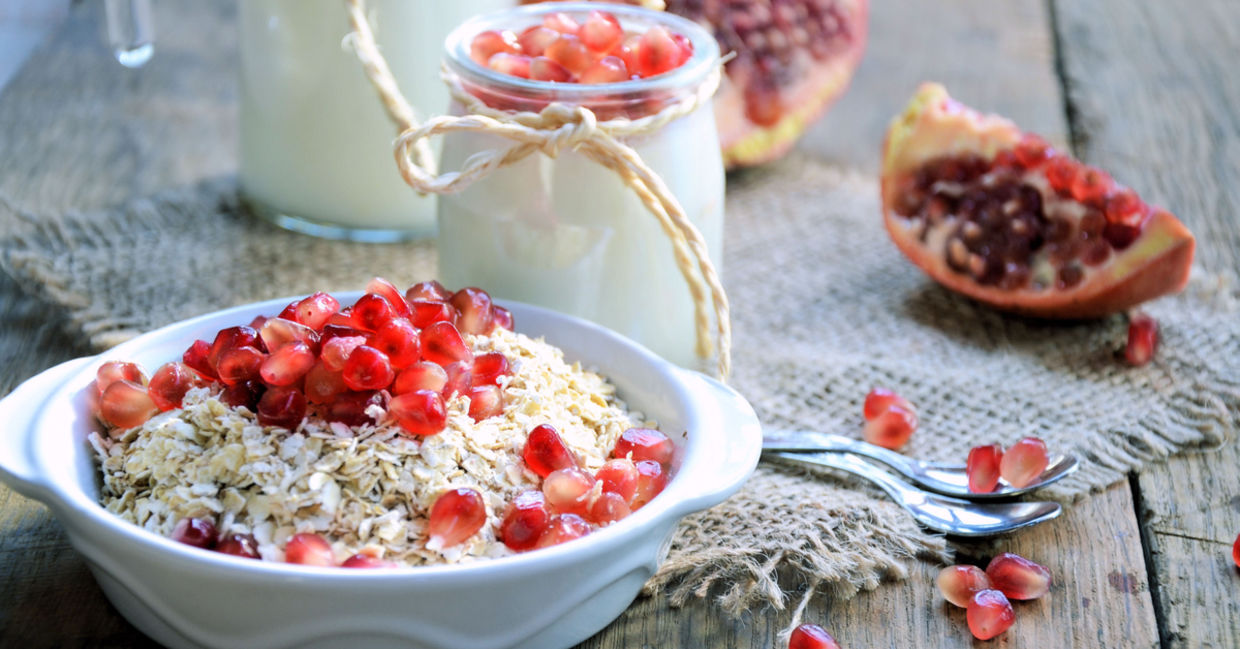 Add pomegranate seeds to your breakfast. Add pomegranate seeds to your breakfast.