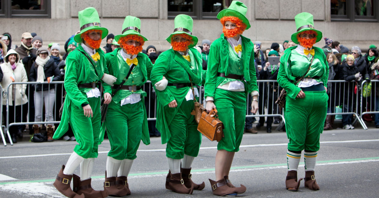 Dressing up as green leprechauns at the St.Patrick's Day parade in New York City. Dressing up as green leprechauns at the St.Patrick's Day parade in New York City.