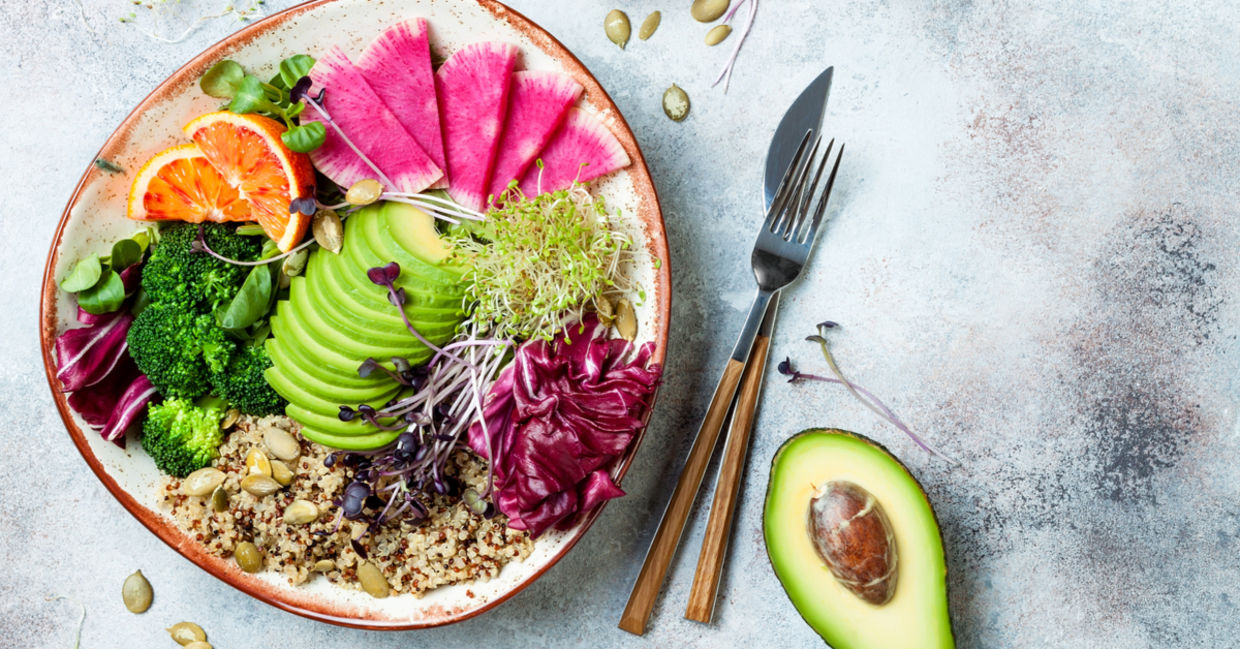 Healthy plant-based food like this vegan Buddha bowl helps improve mitochondria. Healthy plant-based food like this vegan Buddha bowl helps improve mitochondria.