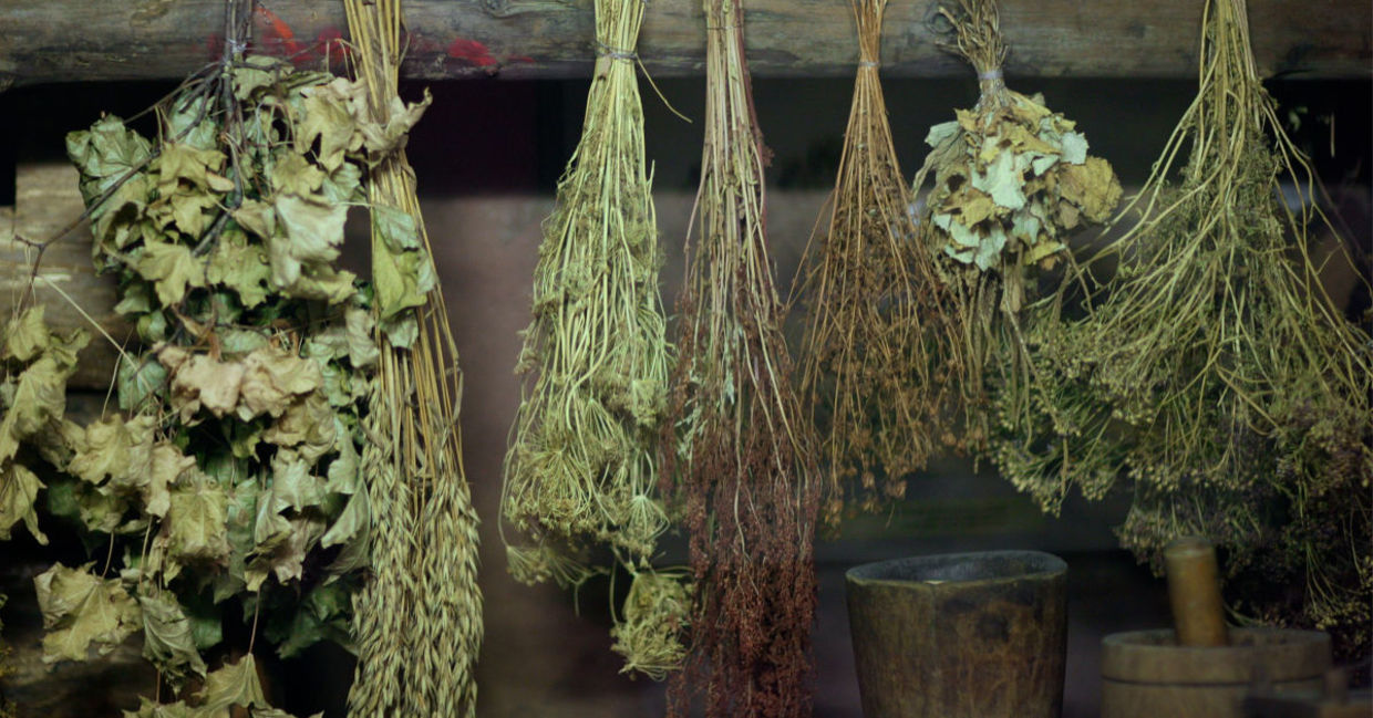 Bundles of herbs drying in the air. Bundles of herbs drying in the air.