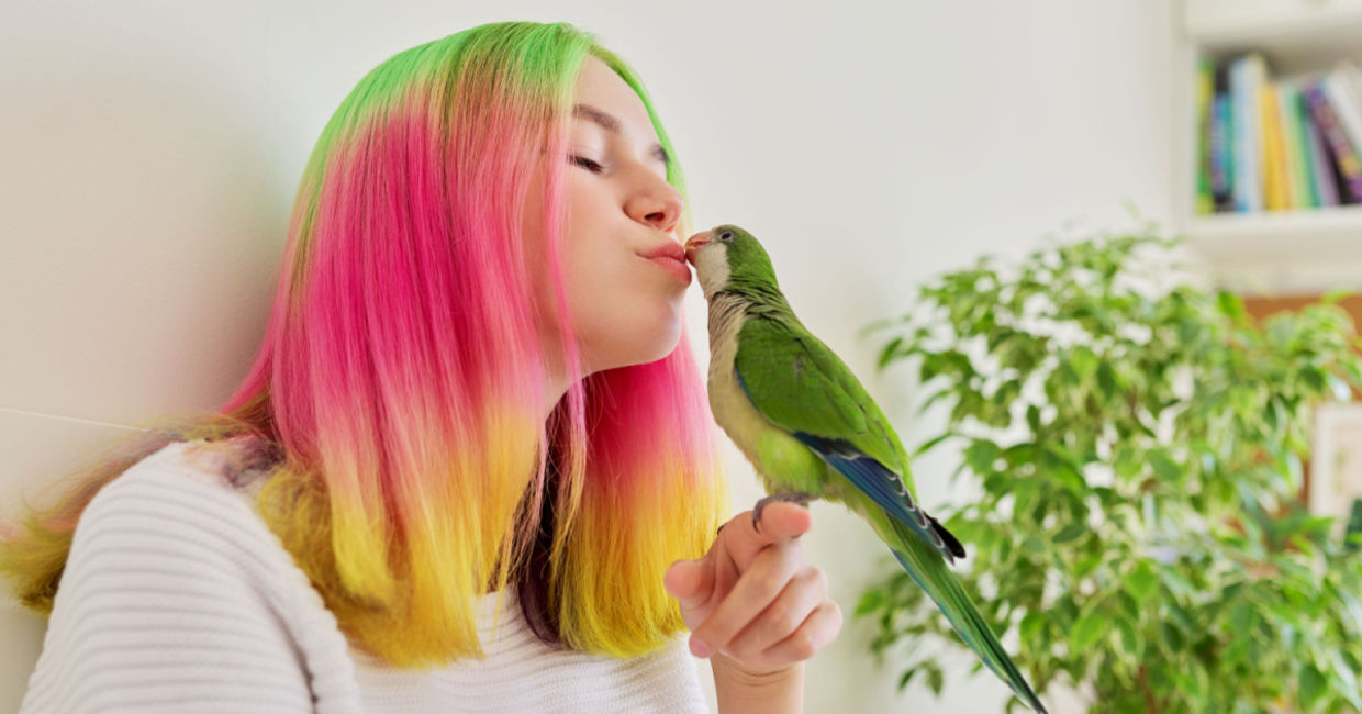 A teen with her pet bird. A teen with her pet bird.