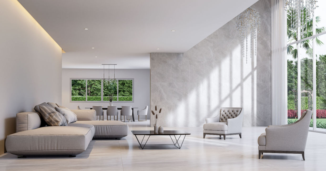 Modern open living room with large windows. Modern open living room with large windows.