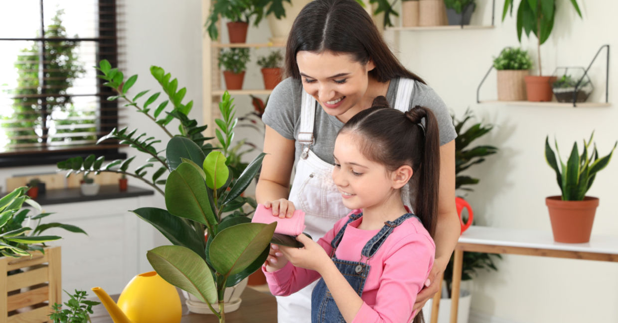 Mother and daughter taking care of houseplants. Mother and daughter taking care of houseplants.