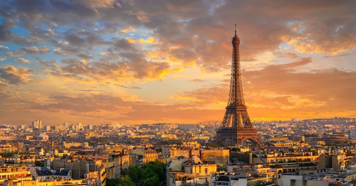 Skyline of Paris with the Eiffel Tower at sunset. Skyline of Paris with the Eiffel Tower at sunset.