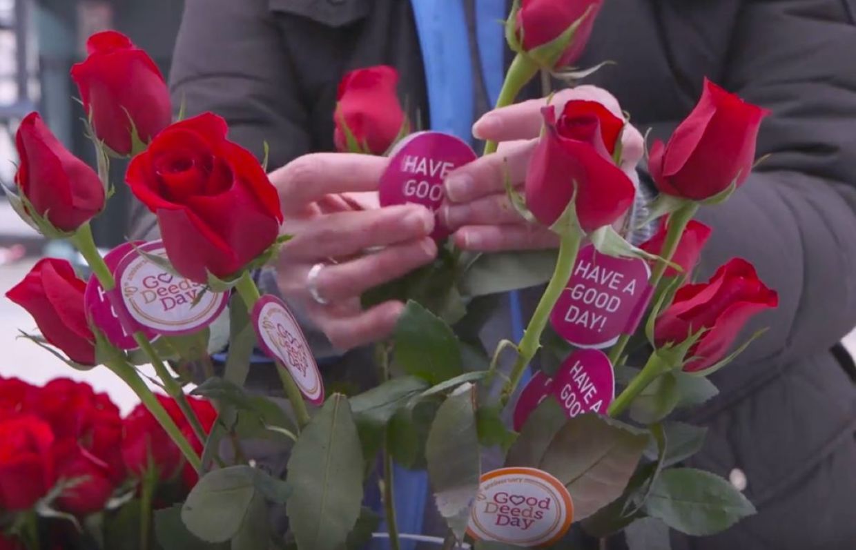 Giving out flowers on Good Deeds Day. Giving out flowers on Good Deeds Day.