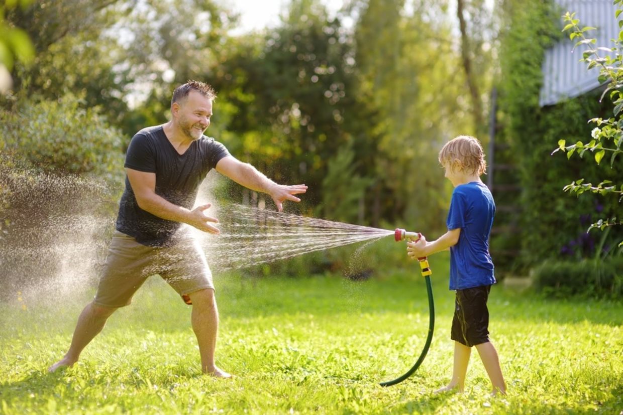 Run through your sprinklers or take a dip in an inflatable pool. Run through your sprinklers or take a dip in an inflatable pool.